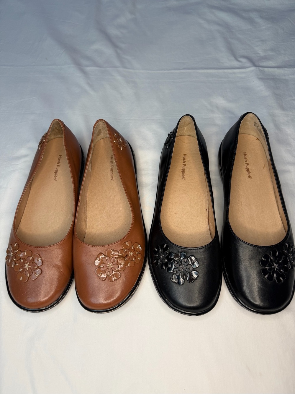 2 pairs Hush Puppies Women's Floral Ballet Flats Black and Brown Sz 8EW, Euro 39